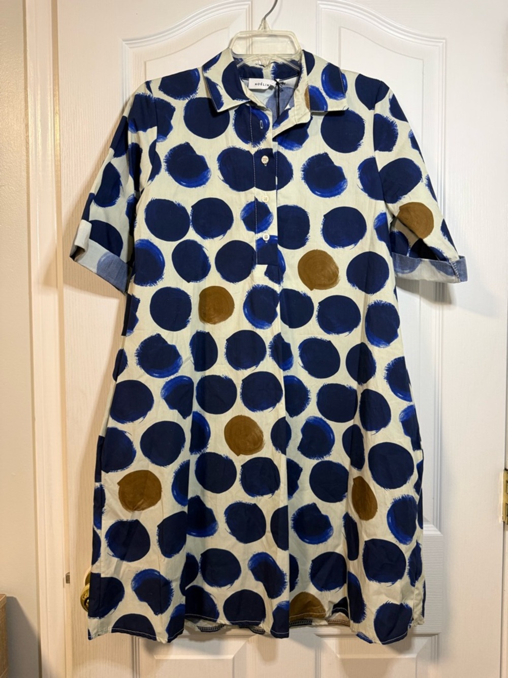 Noeline Polka Dot Midi Shirt Dress in Navy & Tan 100% Cotton Small